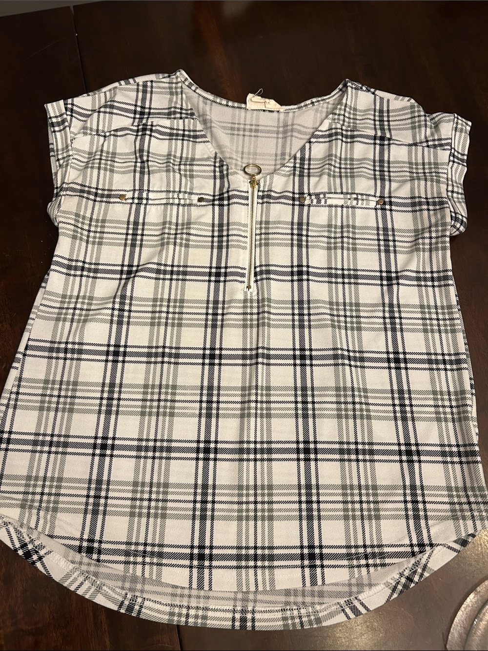 White Plaid Zip-Front Short Sleeve Top